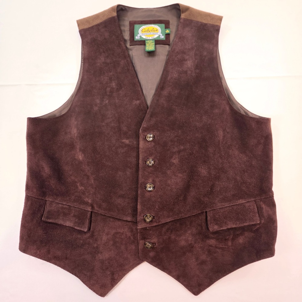 Cabelas Mens XL Brown Suede Leather Cotton Canvas Back Outdoor Western Vest - Picture 1 of 10